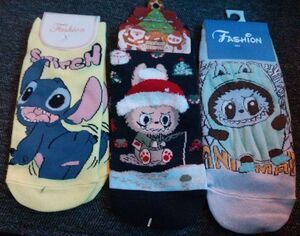 Novelty Cartoon Characters Crew Socks- 3 Pair- Stitch & Labubu- One Size
